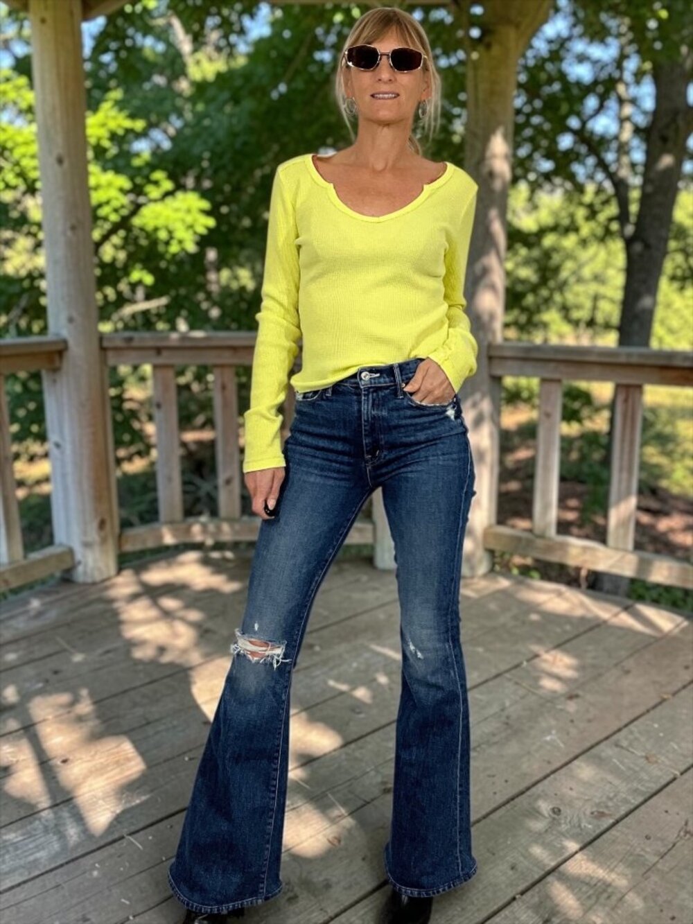 Anthropologie Pilcro Notched Waffle Top Shirt S Yellow Green Neon Thermal